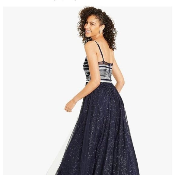 SAY YES TO THE PROM Navy Glitter Sheer Spaghetti Strap Sweetheart Neckline - Picture 2 of 10